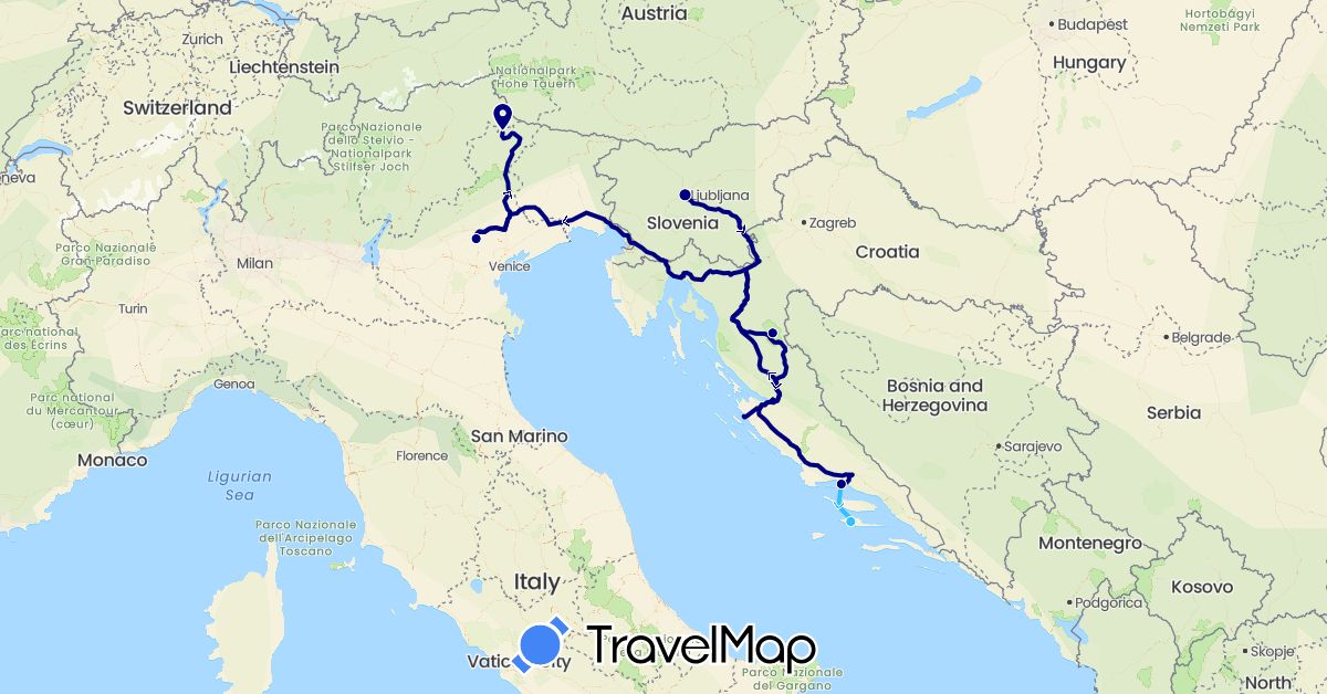 TravelMap itinerary: driving, boat in Croatia, Italy, Slovenia (Europe)